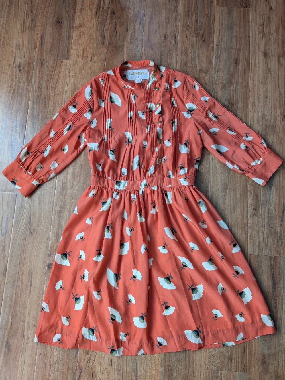 Lauren Moffatt Orange Floral Print Pintuck Midi Dress Size 6